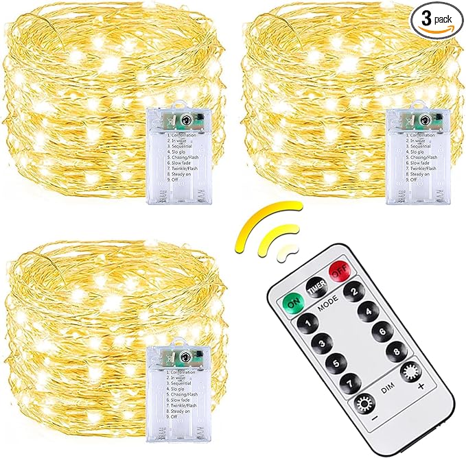 3 Pack 60LED Christmas Battery Operated Fairy Lights with Remote, 8 Modes String Lights with Timer, Dimmable, Memory Function, Waterproof Twinkle Lights for Outdoor Indoor Christmas Decor(Warm White)