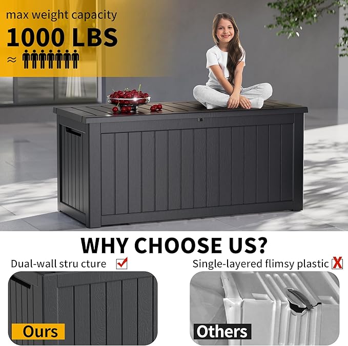 270 Gallon Deck Box, Resin Outdoor Indoor Waterproof Storage Box, Lockable Storage Box With Handle for Patio Furniture - Garden Tools (Black, 270 Gallon)