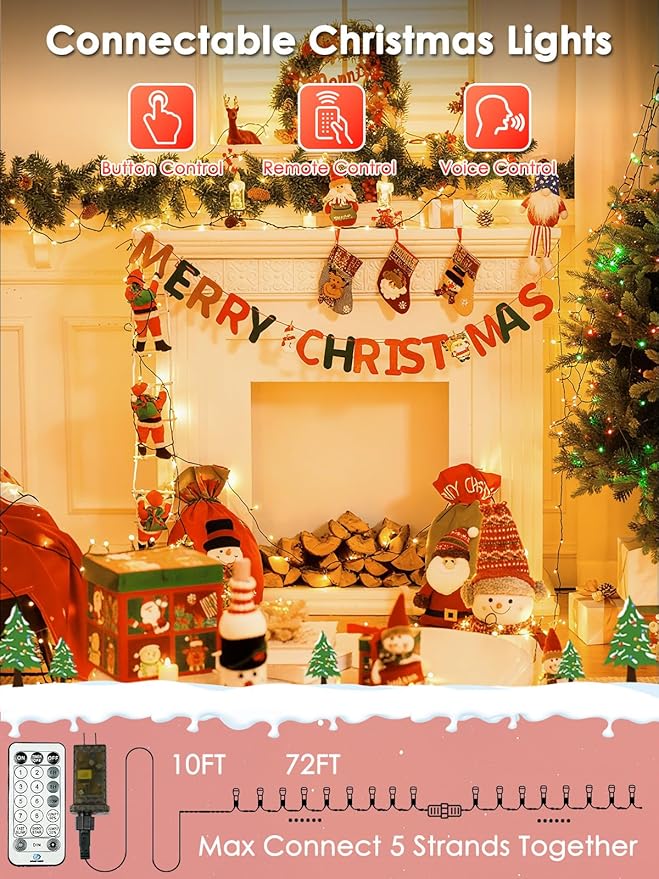 Voice Control Connectable 2PK 164FT 400LED Christmas String Lights Indoor Outdoor with Remote | Smart Twinkle Fairy String Lights 12 Modes & Timer for Xmas Tree Decor (Warm White)