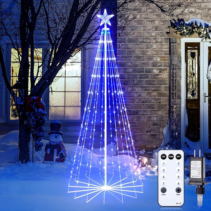 Christmas Cone Tree Light, 7ft 295 LED Light Show Christmas Tree with 8 Modes Timer Remote, Dimmable Artificial Christmas Tree for Porch Yard Patio Indoor Outdoor Xmas Holiday Decor, Blue & White
