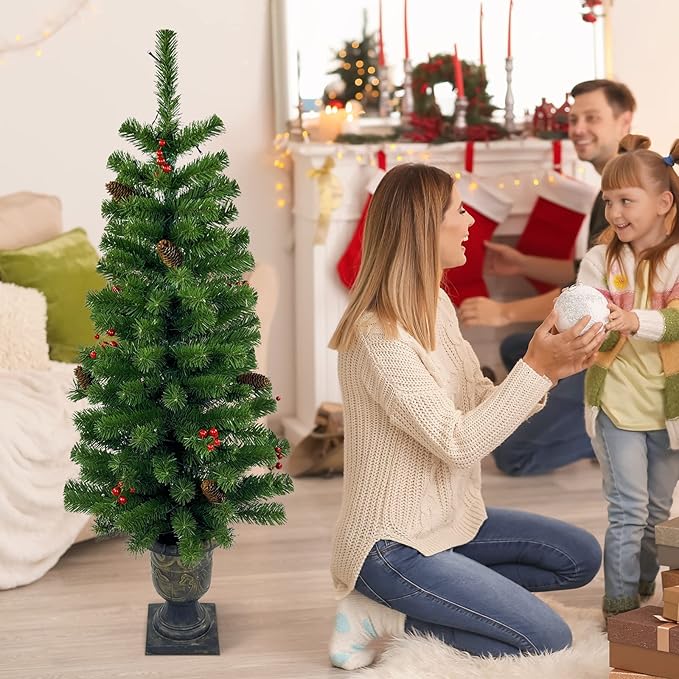 4FT Artificial Potted Christmas Tree with Lights, Pre-lit Mini Christmas Tree with 50 LED Lights, Small Fake Spruce Tree with 140 Branch Tips, Pine Cones&Red Berries, Battery Operated