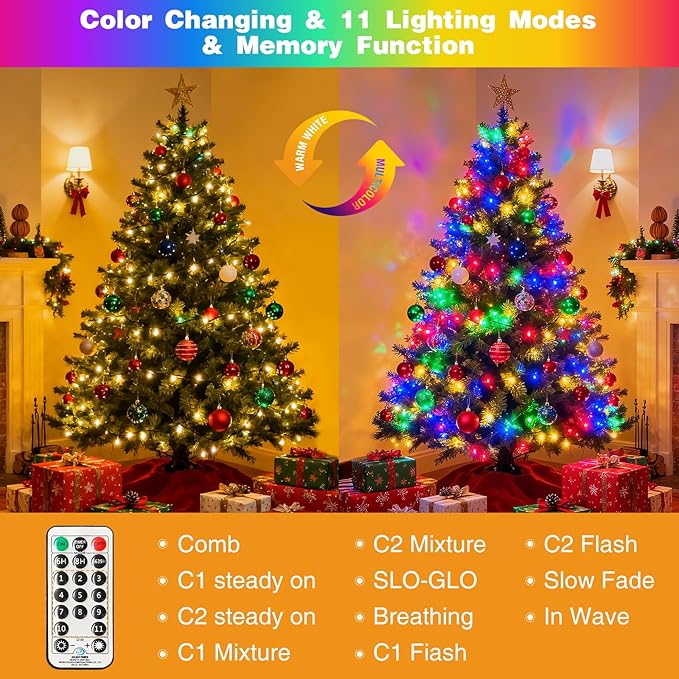 btfarm Color Changing Christmas Lights Outdoor, 115FT 300 LED Christmas Tree Lights Indoor with Remote, Timer Twinkle String Light Waterproof for Xmas Wedding Party Decor, Warm White & Multicolor