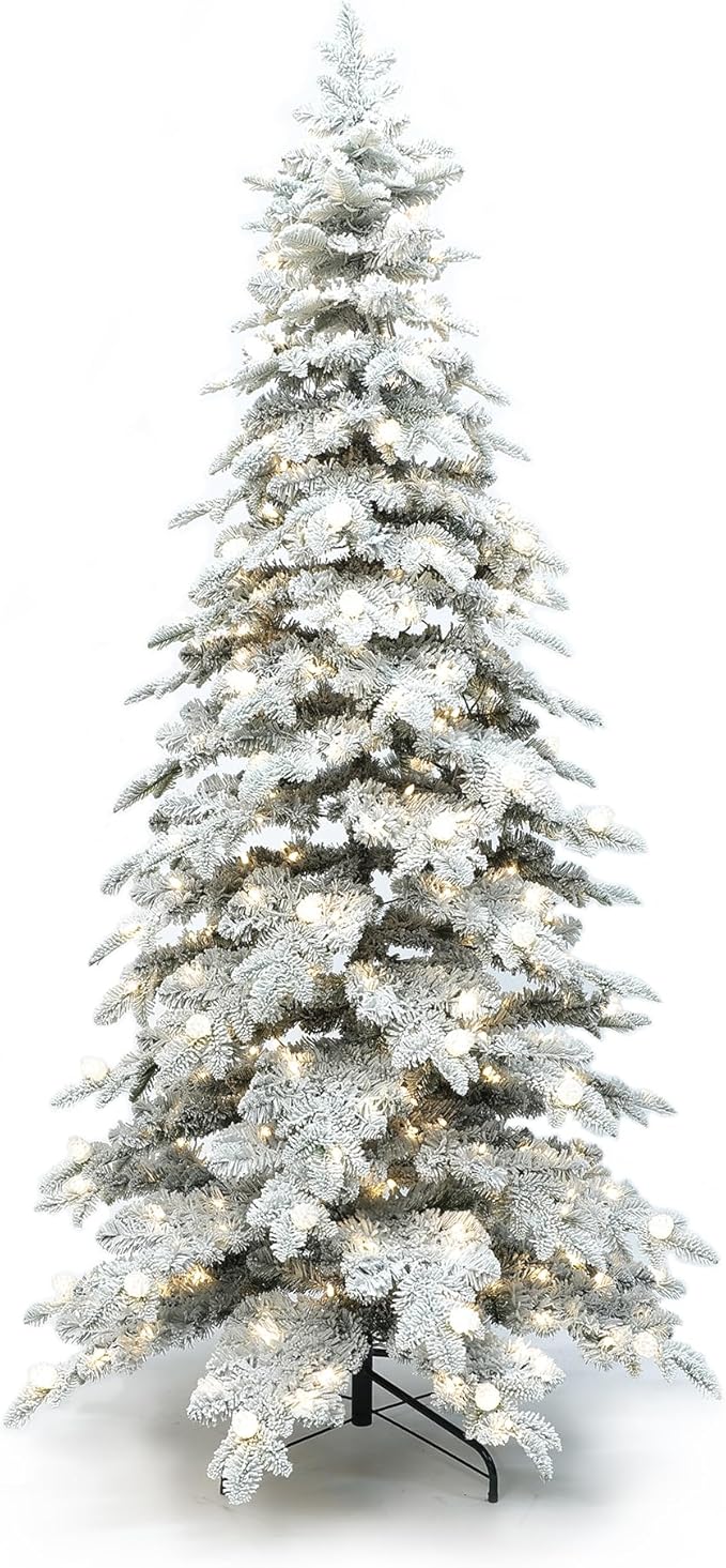 LuxenHome 7FT Flocked Christmas Tree with Lights, Downswept Slim Prelit Christmas Tree with 400 Adjustable LED Globe Lights, 1196 PE+PVC Tips, Lighted Xmas Trees for Holiday Decoration