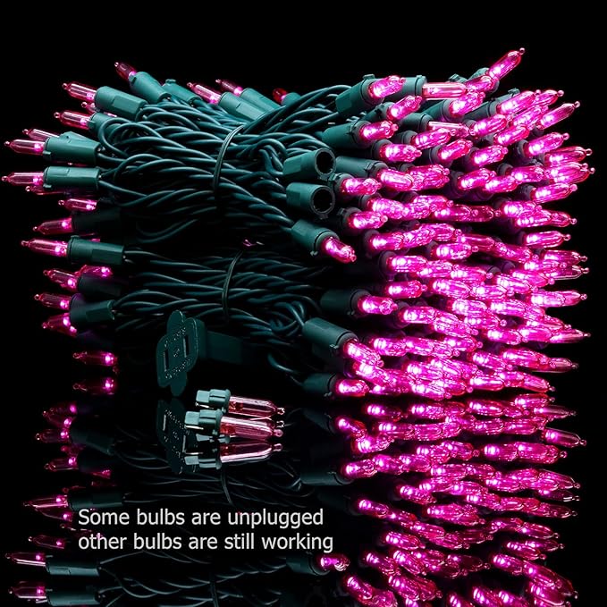 YULETIME 200 Count Pink LED Christmas Lights, 66 Feet Green Wire UL Certified Commercial Grade Holiday String Light Set (Pink)