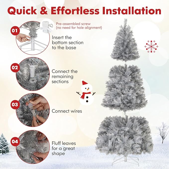 Goplus 7ft Pre-Lit Silver Tinsel Christmas Tree, Artificial Xmas Tree with 807 Branch Tips, 400 Warm White LED Lights, Upgraded Metal Stand, for Home Office Decor