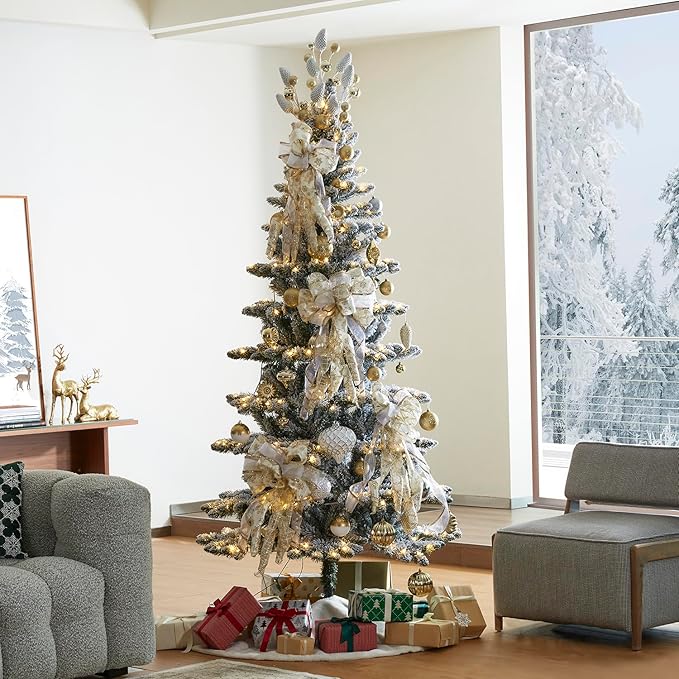 Glitzhome 7.5ft Pre-Lit Flocked Slim Artificial Christmas Tree Frostwood Spruce with 320 Warm White Lights and Sturdy Metal Stand for Home, Office, Party Decoration