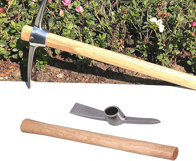 Pick Axe, Stainless Steel Rock Pick Pickaxes Mattock Hoe with Wooden Handle Pick Axe Hand Tool for Transplanting Planting Loosening Soil Prospecting