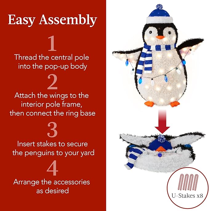 Best Choice Products 2-Piece Lighted Penguin Family, 3ft Pop-Up Outdoor Christmas Holiday Decoration w/ 150 LED Lights, Multicolored Lights - Blue