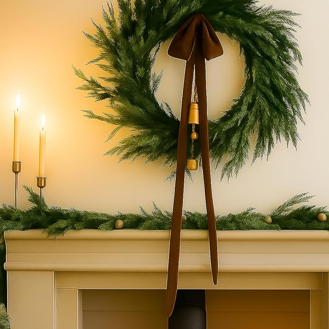 Janinka 6 Pcs Light Brown Velvet Christmas Swag Bow 31.5 x 23.6 inch Large Neutral Christmas Ornament Vintage Rustic Velvet Staircase Wreath Bows Xmas Tree Topper Bows Large Bow for Outdoor