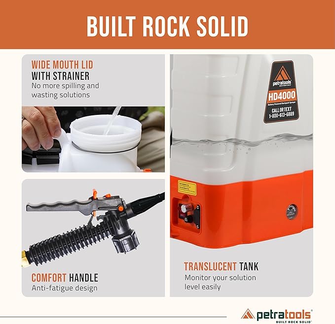 PetraTools Battery Powered Backpack Sprayer 4 Gallon - 6 Hours Long Battery Life & Padded Straps for Comfort - HD4000 Electric Backpack Garden Sprayer with 6 Spray Nozzles & 90PSI Adjustable Pressure