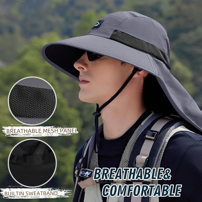 Rosoz Outdoor Sun Hat for Men Women, UPF50+ Protection Safari Cap Wide Brim Mesh Fishing Hat with Neck Flap Beach Garden