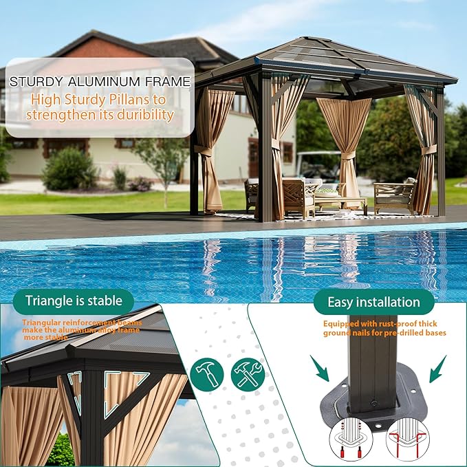 10X12 FT Outdoor Polycarbonate Hardtop Gazebo, Outdoor Gazebo with Mesh Nettings and Sunshade Curtains, Aluminium Frame Gazebo for Terrace, Courtyards, Lawn and Deck