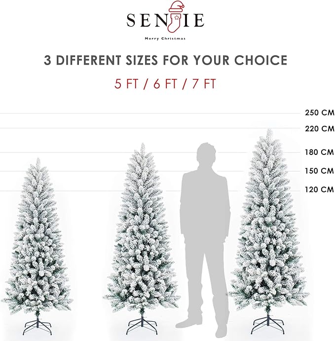 Artificial Christmas Trees,Classic Pencil Tree with White Snow Flocked,Unlit 6FT