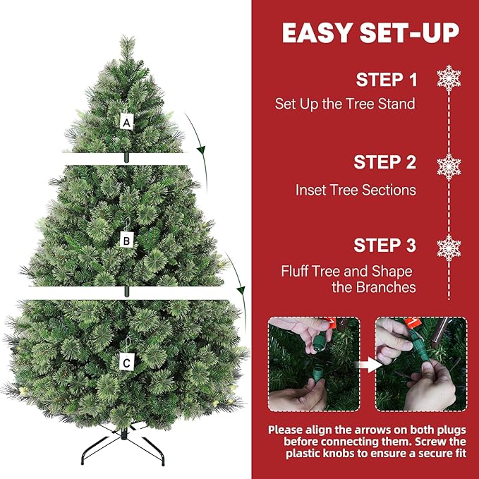 Hykolity 7.5 ft Pre-lit Christmas Tree, Artificial Christmas Pine Tree with 450 Warm White LED Lights, 1580 PVC Branch Tips & Needles, Metal Stand and Hinged Branches