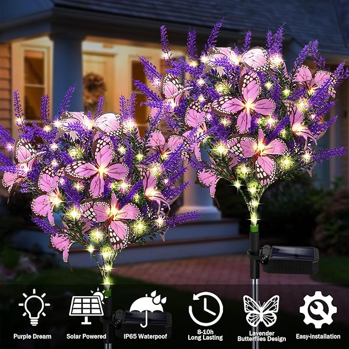Kohlrabi Solar Garden Lights Outdoor, 4 Pack Purple Lavender Solar Butterfly Lights Gardening Gifts for Women, Artificial Flower with Butterfly Purple Garden Decor for Lawn Patio-Warm White