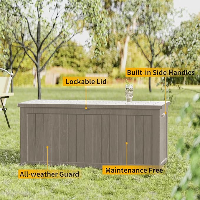 270 Gallon Waterproof Large Resin Deck Box Indoor/Outdoor Lockable Storage Container and Seating for Garden, Pool, and Patio (270 Gallon, Grey)