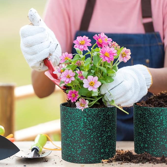10/8/6 inch Large Deep Plant Pots for Outdoor Indoor Plants, 3 Pack Tall Cylinder Flower Pots, Plastic Planters with Drainage Holes and Saucers for Garden House, Black with Green Speckles
