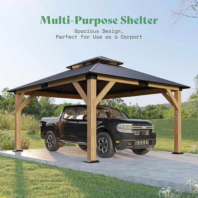 13x15 Wood Gazebo, Hardtop Outdoor Gazebo with Aluminum Double Roof, Outdoor Wooden Pavilion for Parties, Backyard, Patio, Lawns, Black + Natural Wood