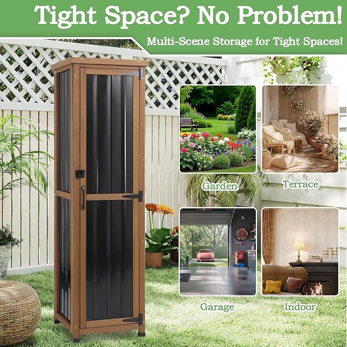 62" H Tall Narrow Outdoor Storage Cabinet with Metal Top, Outdoor Shed Storage Unit Waterproof with Adjustable Shelves for Garden, Patio, Living Room, or Entryway Storage, Black