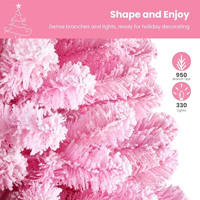 SHareconn 6ft Pre-Lit Flocked Spruce Artificial Hinged Christmas Tree with Remote, Timer and 330 Warm White & Multi-Color Lights, 950 Branch Tips, Perfect Choice for Xmas Decoration, 6 FT, Pink