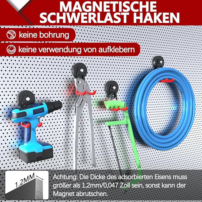 3-H Heavy Duty Magnet Garage Hooks 2 Pack, Large Strong Magnetic Hooks for Hanging Cordless Power Drill, Utility Magnetic Tool Holder for Metal Cabinet, Steel Pegboard, Toolbox, Garage(Red)