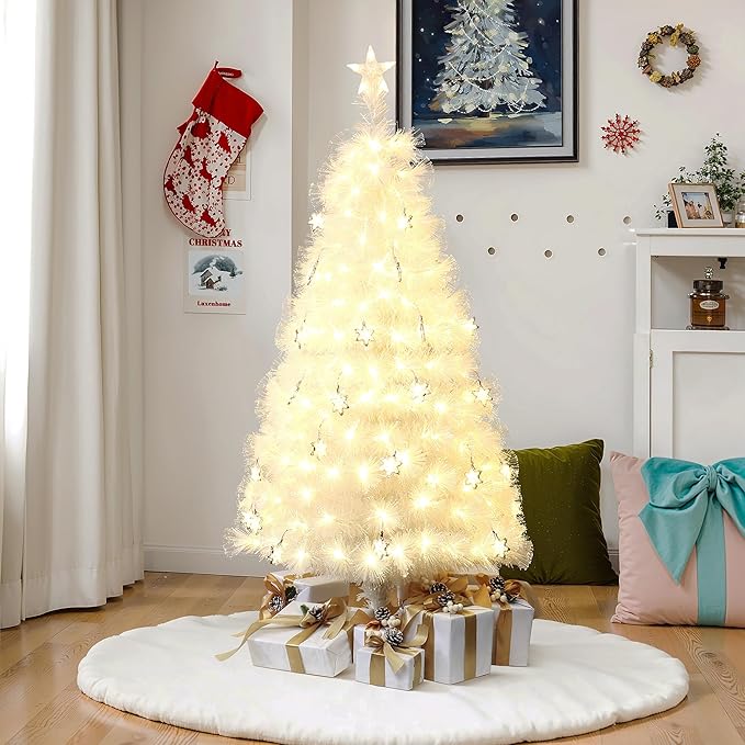 LuxenHome 5FT White Christmas Tree, 13 Lighting Funtions Artificial Fiber Optic Christmas Tree with 179 LED Lights, 336 PVC and Bristle Tips, Plug-in White Xmas Trees for Living Room, Entryway Decor