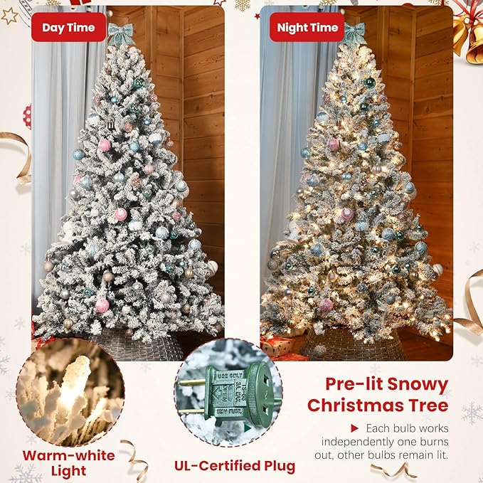 4.5 ft Prelit Flocked Christmas Tree with Pine Cones & 250 UL Lights, Snow Frosted Artificial Christmas Tree with Auto Hinged Branches for Holiday Decor