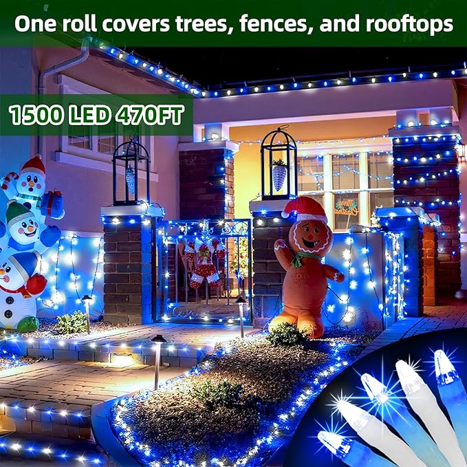 1500 LED Chrstmas Lights, 470ft Outdoor Christmas String Lights with 12 Modes, Blue Cool White LED String Lights with Timer Dimmable Waterproof for Tree Fence Xmas Wedding Party Decor Blue&Cool White