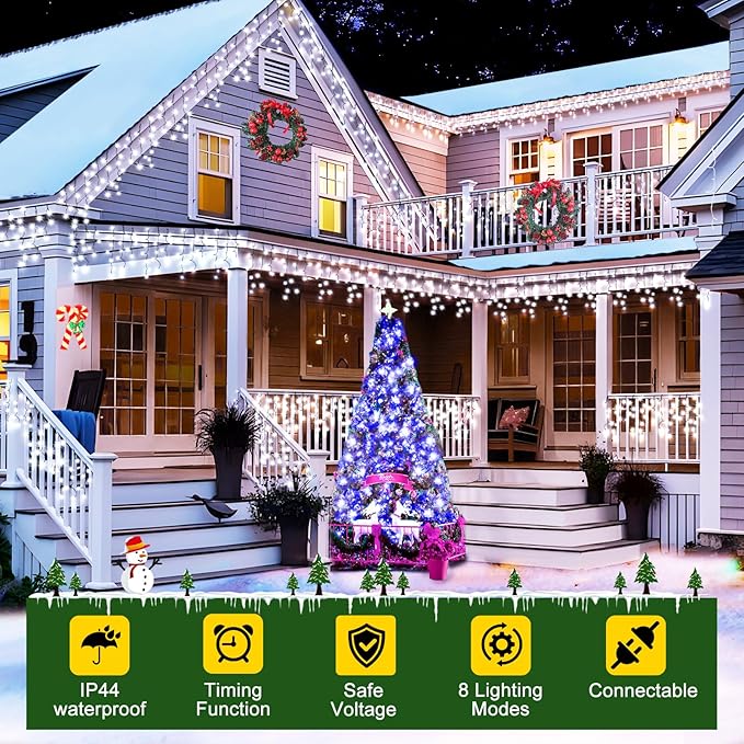 KNONEW 33FT 400 LED Christmas Lights Outdoor Black Wire String Lights with 75 Drops, 8 Lighting Modes, Timer Memory Function Connectable Hanging Curtain Lights for Halloween Party Decor (Cool White)