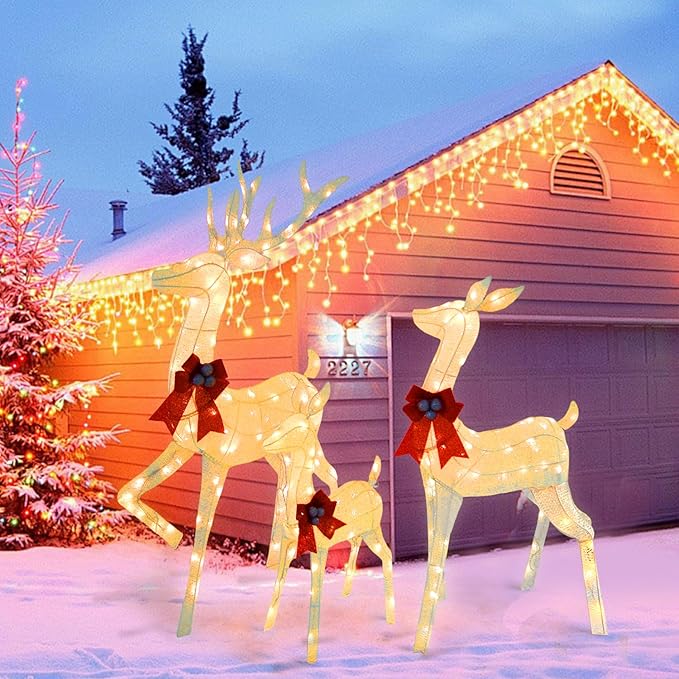 Outdoor Christmas Deer Decor 3-Piece Set, 5 FT Large Reindeer Family (Buck/Doe/Fawn) with 210 Warm White LEDs, Cotton Twine & Iron, Weatherproof Holiday Lights for Yard, Garden, Party, White