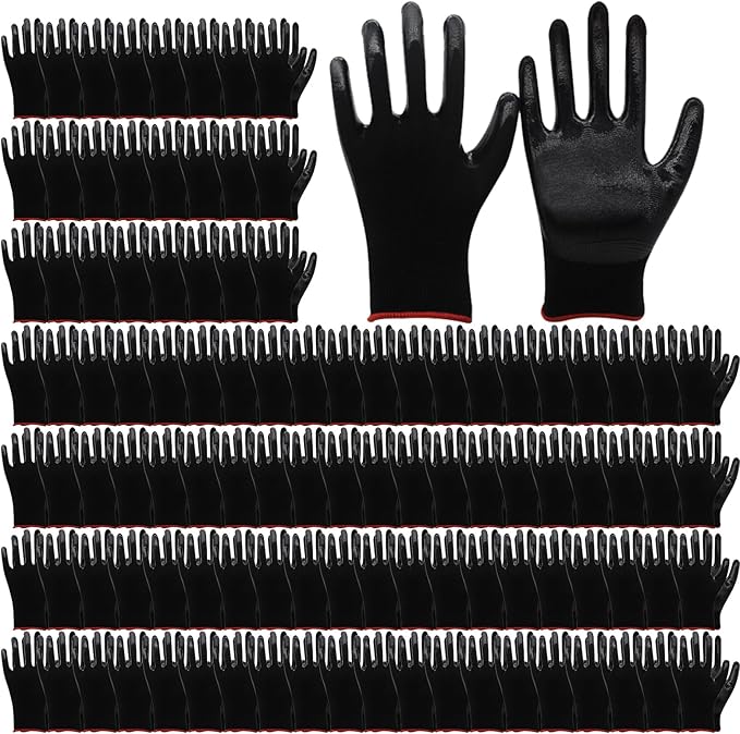 72 Pairs Gardening Work Gloves, Bulk Rubber Coated, Large, Black, 144 Count
