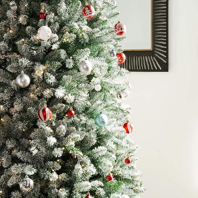 Glitzhome 11ft Pre-Lit Artificial Christmas Tree, Snowy Splendor Fir Hinged Pencil Christmas Tree Holiday Decoration with 950 Warm White Lights and Foldable Metal Stand, Easy Assembly