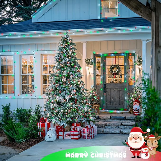 JMEXSUSS 250 LED Red, White and Green Christmas Lights Outdoor Waterproof, 91.5ft Extendable Green Wire Twinkle Christmas Tree Lights with 8 Modes for Party Garden Patio Christams Decorations