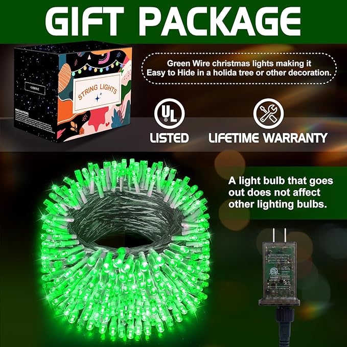 XURISEN Christmas Lights Outdoor 197FT 500 LED Green Wire String Lights 8 Modes with Timer Memory Waterproof Fairy Light Plug in for Xmas Tree Wedding Yard Party Holiday Decorations(Green)