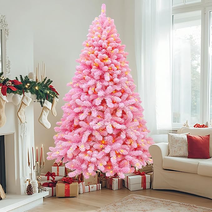 Christmas Tree, 7.5ft Flocked Pink Christmas Tree Prelit with Lights, 10 Functions, 400 Lights, Spruce Artificial Christmas Tree Prelit with Realistic Tips & Sturdy Metal Base Easy Assembly