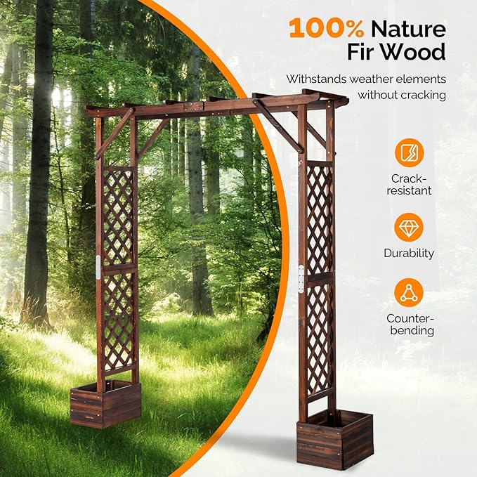 VINGLI Wooden Garden Arbor with Planter, Wedding Arch for Ceremony, Wood Garden Arbour Trellis for Plant Climbing, Pergola for Garden Backyard, Lawn, Outdoor (Carbonized Wood)