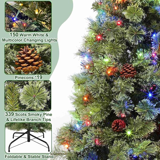 4.5 Ft Full Christmas Tree with Warm White&Color Lights, Frosted Smoky Pine,Pine Cones, 150 LEDs, Timer, Small Xmas Tree Decoration for Home, Tabletop, Office, Indoor, Outdoor, Metal Hinges Stand