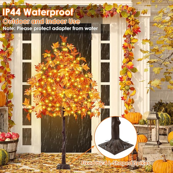 Set of 3 Pre-lit Artificial Lighted Maple Tree with Timer, 4FT 5FT and 6FT 300 LED Warm White Light up Fall Decor for Indoor Outdoor Thanksgiving Day Halloween Home Porch Party Decoration, Orange