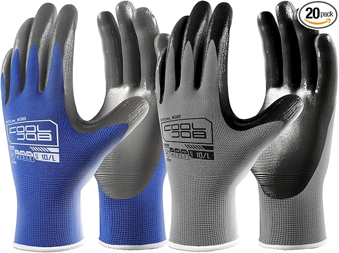 COOLJOB 20 Pairs Nitrile Dipped Safety Work Gloves with Grip, Non-slip Rubber Coated Bulk Garden Gloves for Men, Heavy-duty Oil Resistant for Truck Driver, Warehouse Box Handler, Small, Gray Blue