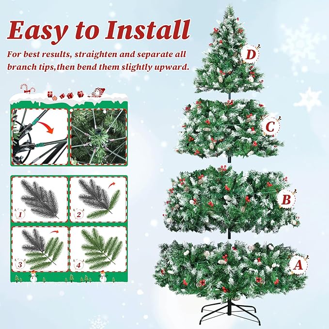 7.5ft Prelit Spruce Artificial Christmas Tree, Full Prelighted Xmas Tree Partially Flocked, 550 LED Lights, 1398 Branch Tips, 82 Pinecones, 82 Berries, Foldable Base, Holiday Decoration