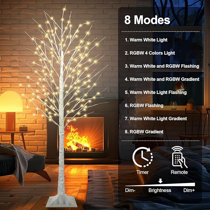 7FT Lighted Birch Tree with 170 LED Warm White and Multicolor Lights, 8 Modes, Timer Remote Faux Light Up Twig Christmas Tree for Indoor Outdoor Xmas Holiday Party Garden Decoration (2 Pack)