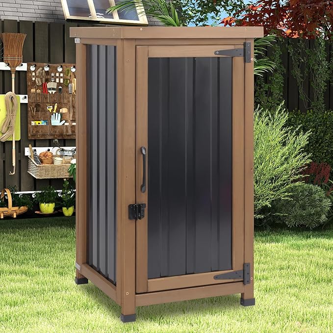 Outdoor Storage Cabinet Waterproof with Metal Top, Wooden Potting Bench Table Tool Organizer with Adjustable Shelf for Patio Backyard Garden