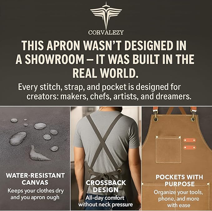 Heavy-Duty Canvas Tool Apron – Adjustable Cross-Back Work Apron with Pockets for Woodworking, Gardening & Crafts