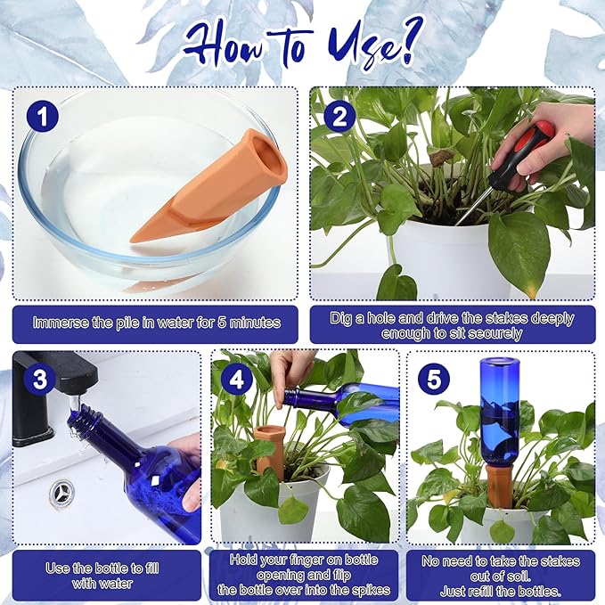6 Sets Plant Watering Devices Include Terracotta Self Watering Spikes and 26 oz Plastic Bottles, Slow Release Vacation Insert Automatic Plant Waterer Device (Blue Green and Terracotta)