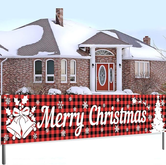 Happy Christmas Large Banner,Vintage Christmas Tree Snowman Banner for Outside,Merry Christmas Red Plaid Decorations for Yard Garden 120x20 Inches