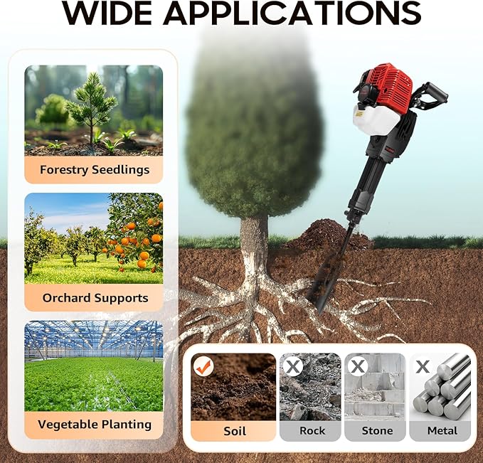 Tree Digger Machine Tree Digger 52CC 2 Stroke 1900W 6500RPM Gas Tree Planting Digging Machine Gasoline Planting Garden Tree Digger Shovel Gas Powered Garden Digger Tool Portable Trench Digger