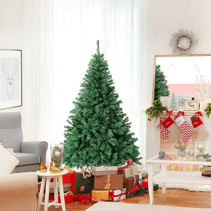 Goplus 6ft Artificial Christmas Tree, Premium Unlit Hinged Spruce Full Tree with 1000 Branch Tips, Metal Stand, Hinged Structure, Easy Assembly Festival Celebration Xmas Tree for Home, Office, Party