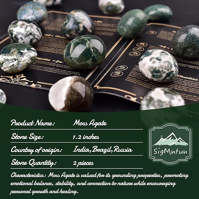 Polished Moss Agate Crystal Stones - 2 Pieces of 1.2-Inch Super Large Handpicked Natural Tumbled Gemstones for Reiki, Chakra Healing, and Home Decor