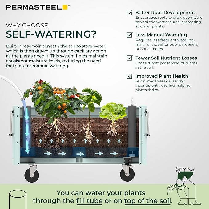 Permasteel Self-Watering Garden Bed, Rolling Planter for Vegetables, Flowers, Herbs, and Fruit, Outdoor Indoor, Caster Wheels, Blue
