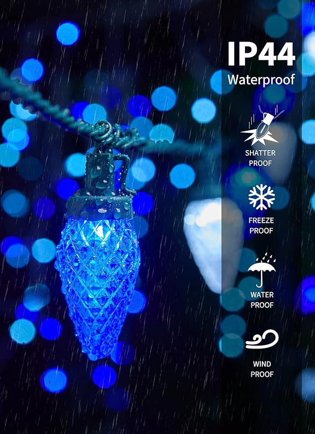 C9 LED Christmas Lights Outdoor, 81 Feet 100 LED String Lights with Timer & 8 Light Mode, Waterproof Connectable Christmas Tree Lights for Outside Indoor Roofline Patio, Blue & Pure White 2 Pack
